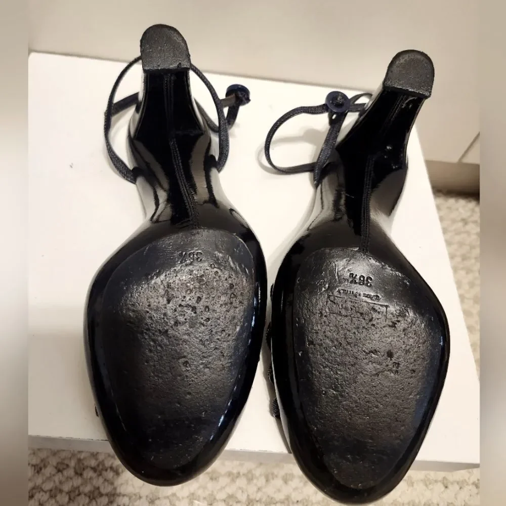 Marc Jacobs Black Patent Leather/Denim Strappy Platform Sandals Sz.7.5/38.5 $495